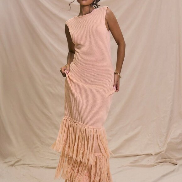 Pink Party Women's Sleeveless Ribbed Maxi Sweater Dress with Frill Fray Hem - Picture 4 of 6